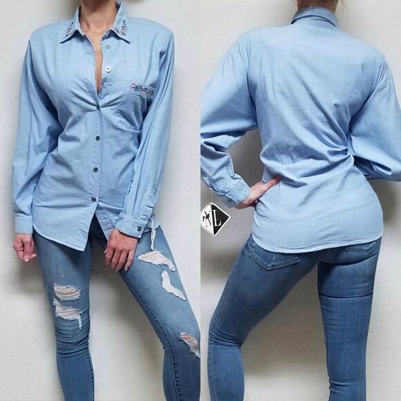 VINTAGE 1990s Deadstock New Look Chambray Button Up Floral Embroidered Blouse - Picture 1 of 14